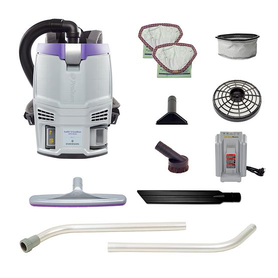 ProTeam 107775 GoFit 3 Cordless 4Ah, 3 qt. Commercial Backpack Vacuum w/ Xover Multi-Surface Two-Piece Wand Tool Kit
