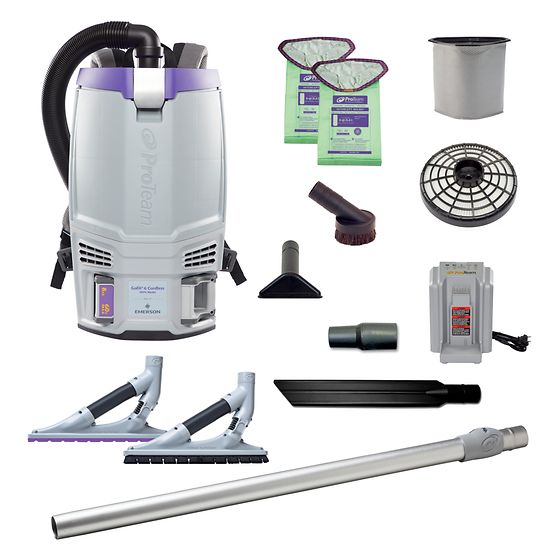 ProTeam 107787 GoFit 6 Cordless 8Ah, 6 qt. Commercial Backpack Vacuum w/ Xover Multi-Surface Two-Piece Wand Tool Kit